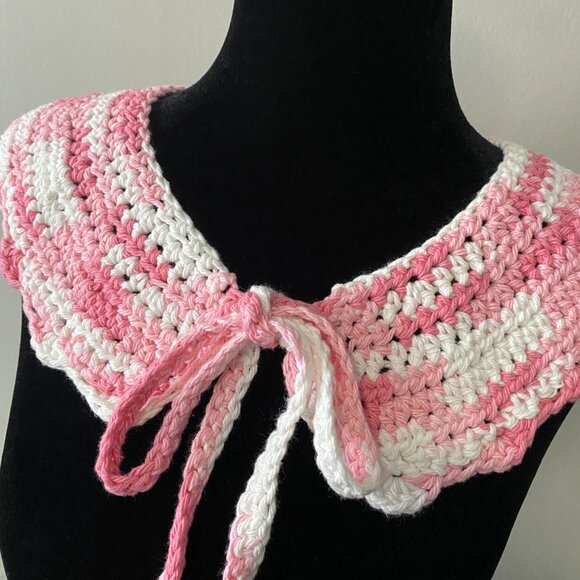 Handmade Crochet Pink White Cotton Collar Neckwear Accessory - Picture 2 of 6